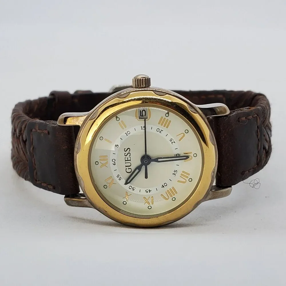 VTG Guess Women's Watch 27MM Roman Numerals Date Brown Leather Bands New Battery